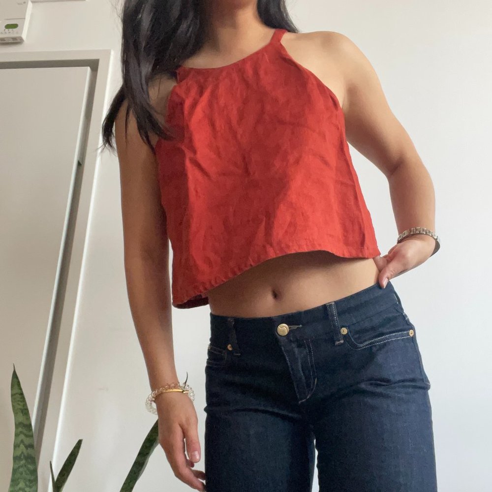 Rust linen halter crop top, lined, women's XS